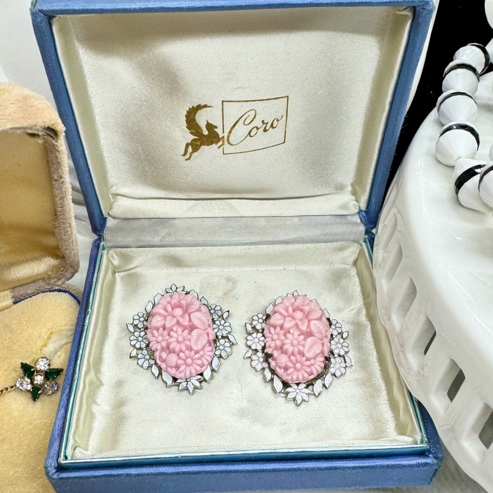 2 Vintage Signed Coro Pink Floral Molded Glass & White Enamel Flower Dress Clips